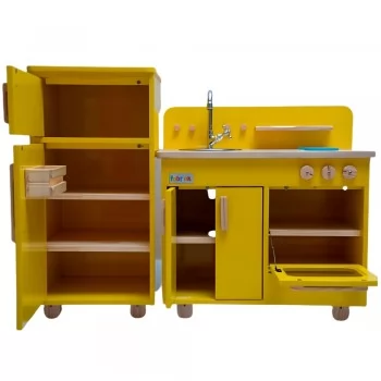 Cozinha Infantil Completa com Geladeira Amarela Fabrink