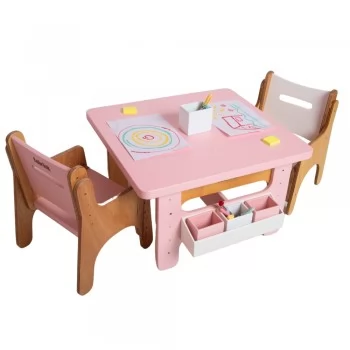 Jogo de Mesa Infantil com Duas Cadeiras Rosas de Madeira Fabrink
