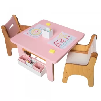 Jogo de Mesa Infantil com Duas Cadeiras Rosas de Madeira Fabrink