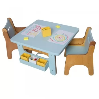 Jogo de Mesa Infantil com Duas Cadeiras Azul Bebê de Madeira Fabrink